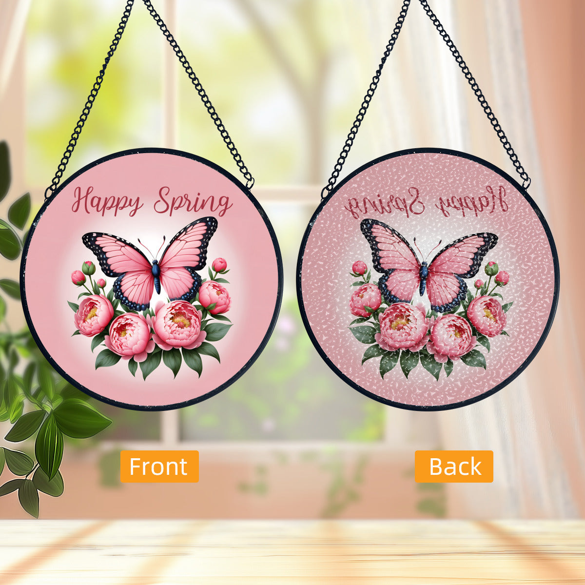 Happy Spring Pink Butterfly Glass Suncatcher