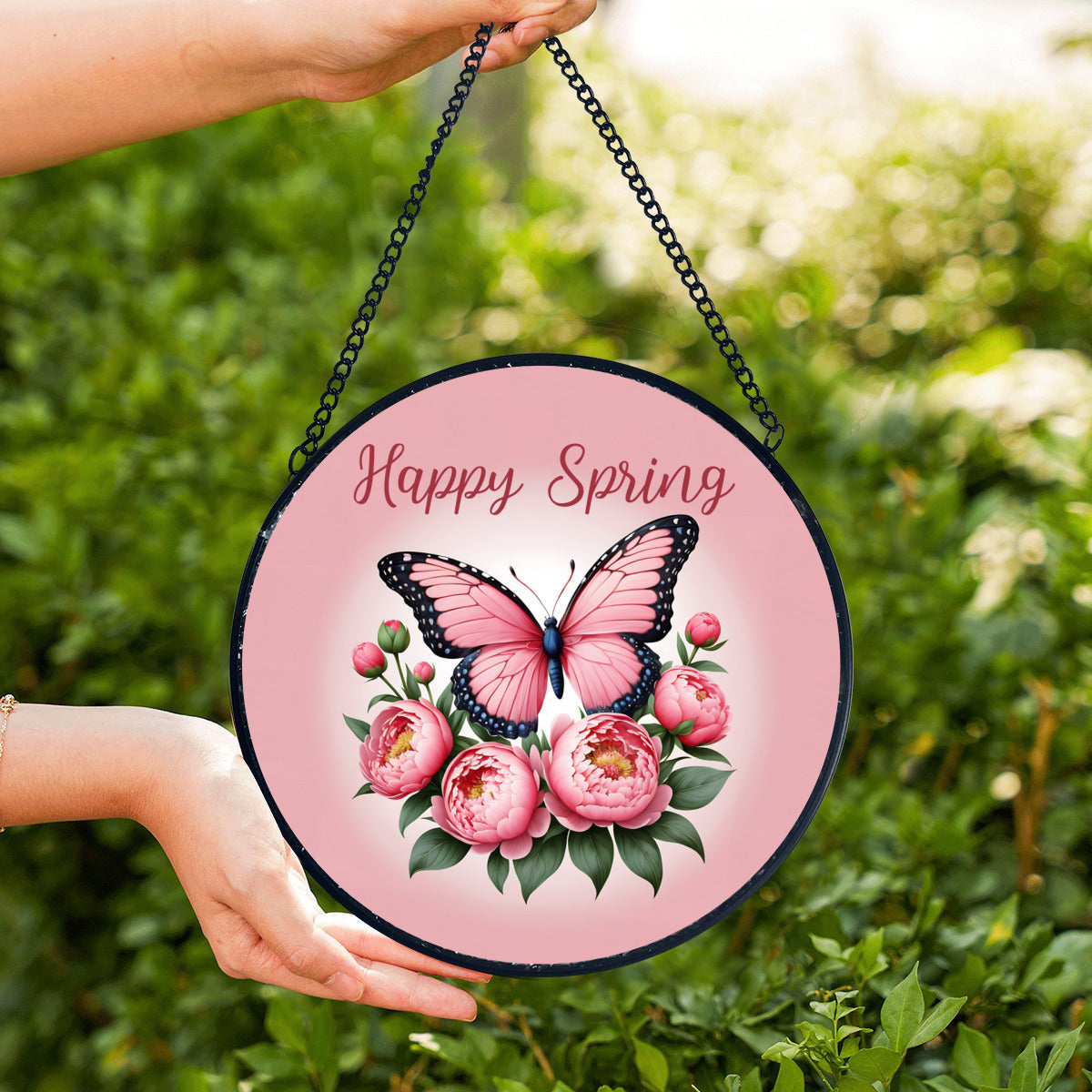 Happy Spring Pink Butterfly Glass Suncatcher