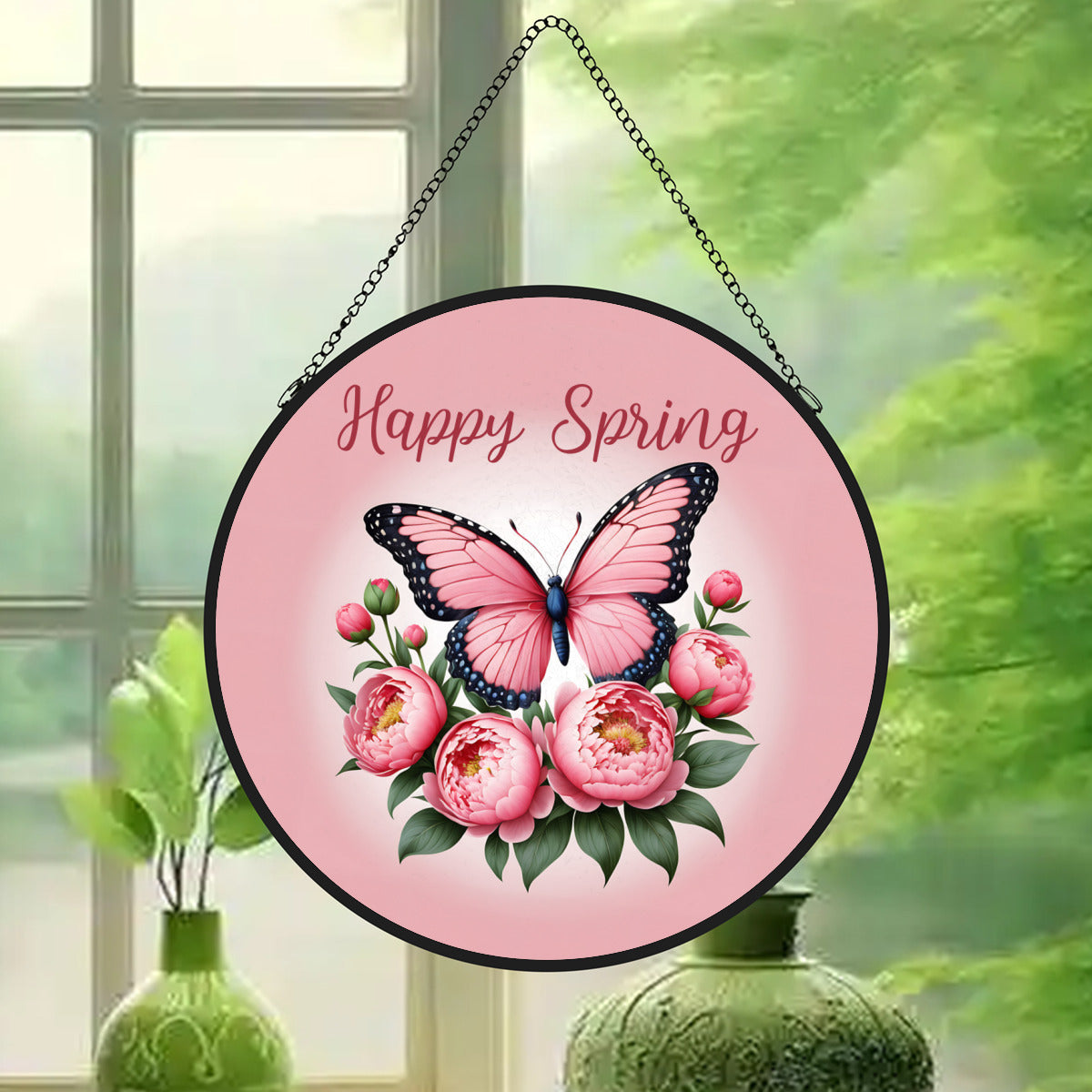 Happy Spring Pink Butterfly Glass Suncatcher