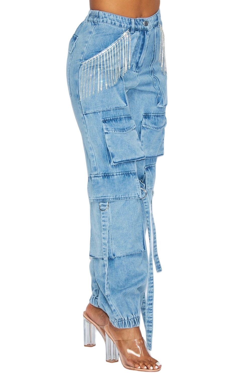 Pantalones cargo de mezclilla con jogger de pedrería **NO ELÁSTICO**