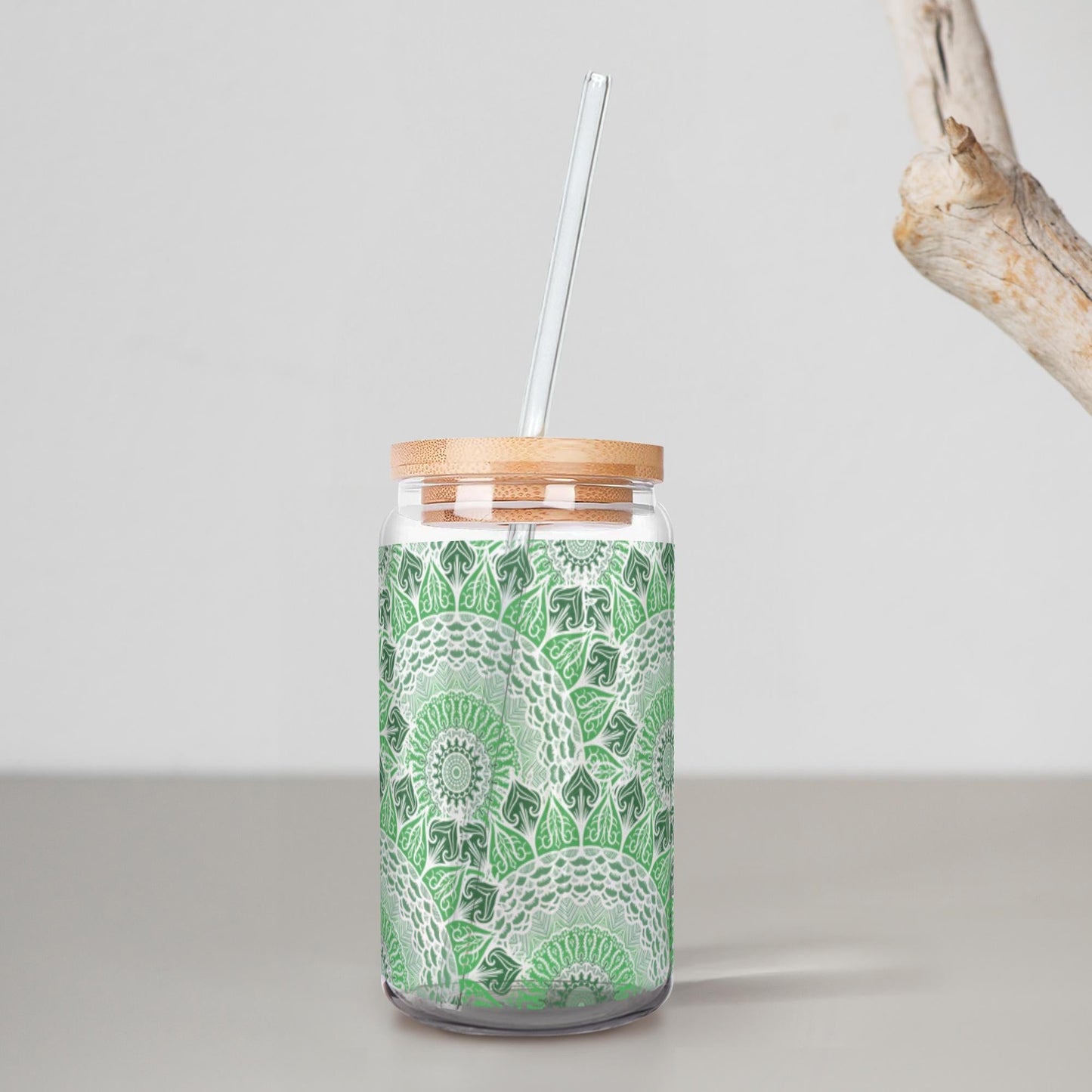 Boho Green Mandalas 16 oz Glass With Lid and Straw