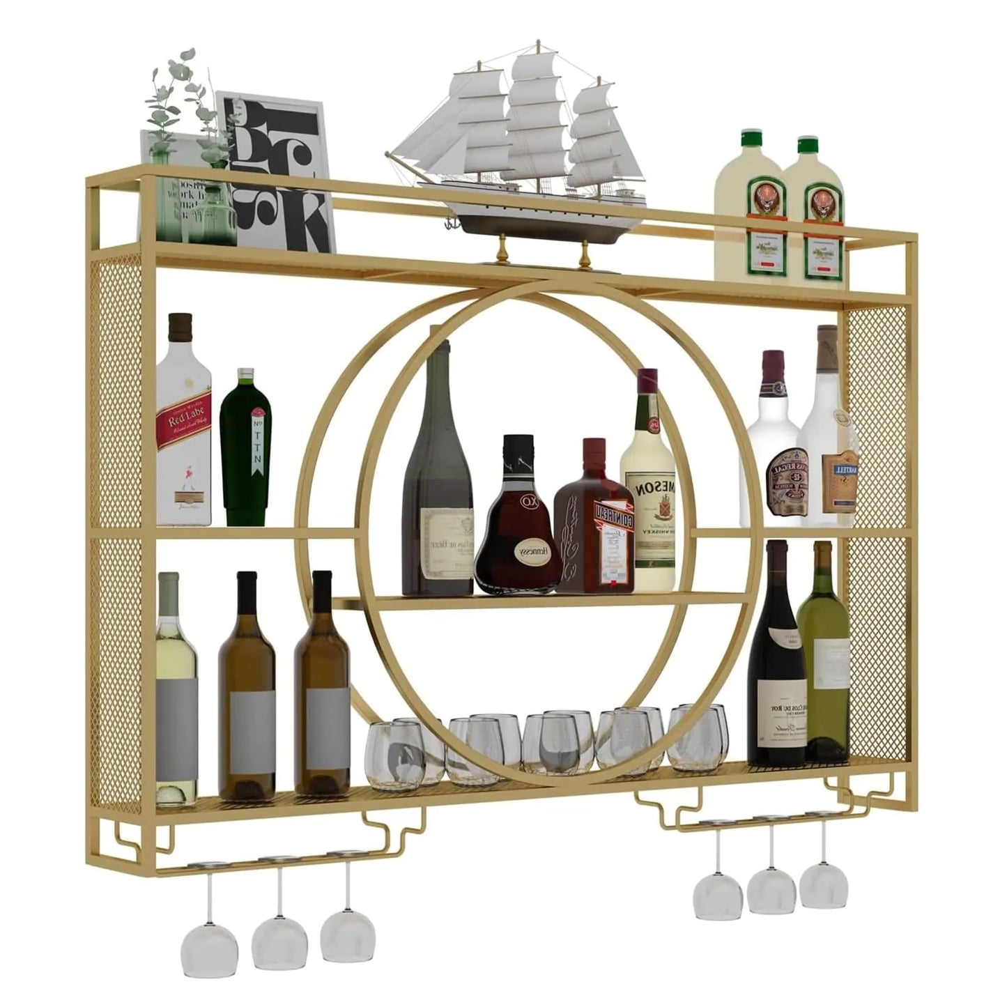 Modern Wine Storage Rack Wall Mounted With LED Light With Wine Glass HolderIron Bar Liquor ShelfFloating Wall Wine ShelvesBar Liquor Bottle Display Shelf For Kitchen Bar Decoration Gold/Black ( Col