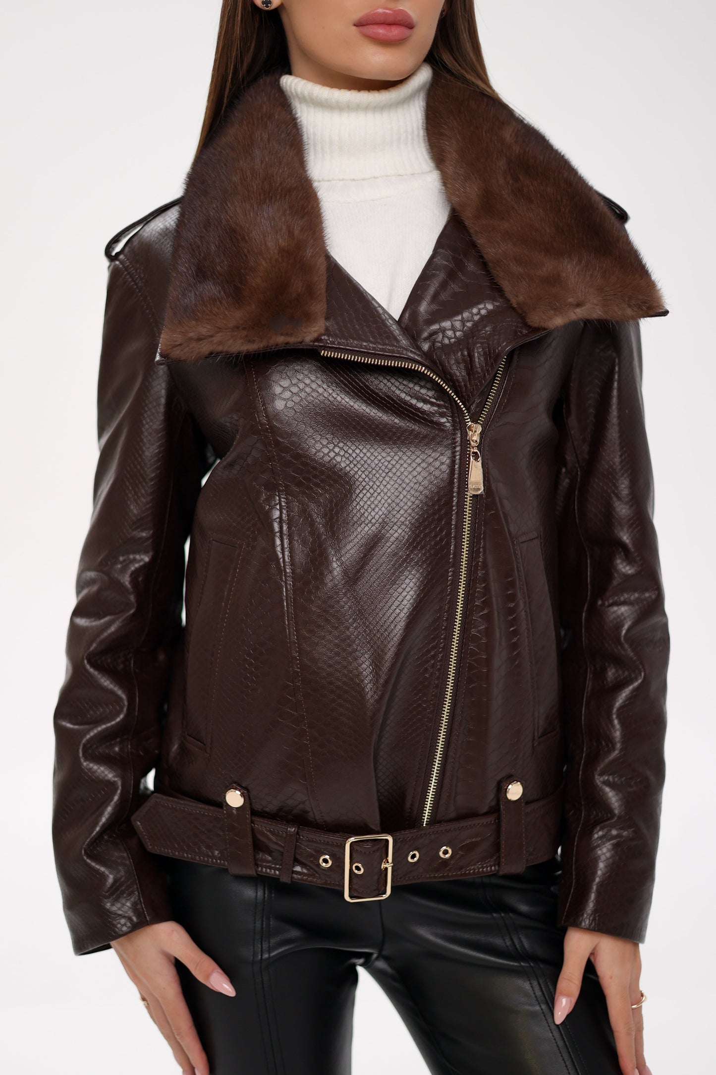 Chaqueta de cuero repujado de piel de visón auténtica