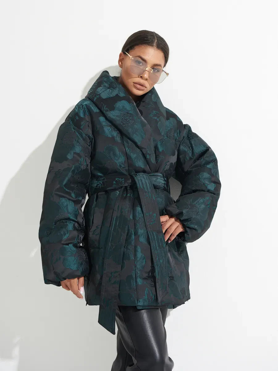 Abrigo de Plumón Jacquard Monocromático en Verde Esmeralda Vintage