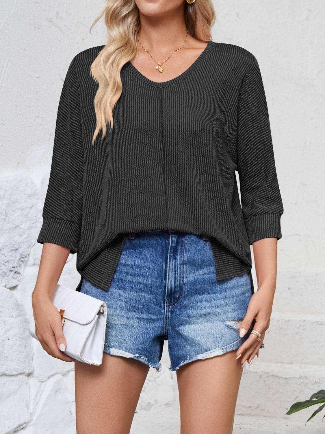 T-Shirts Trendsi just arrived - Textured 3/4 sleeve blouse