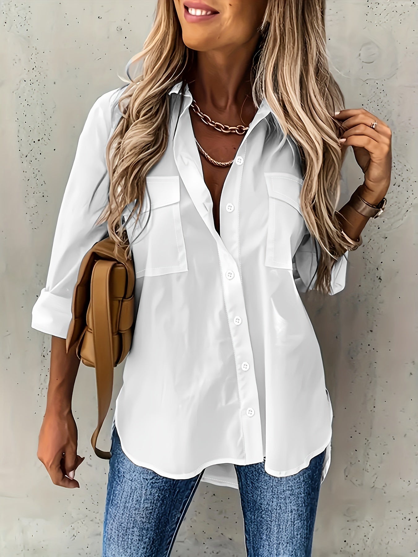 Camisa de manga larga informal para mujer con bolsillo