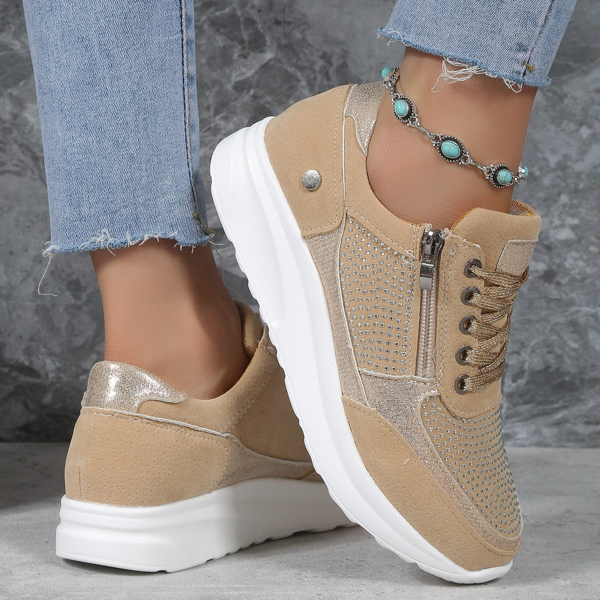 Women's Flat Round-Toe Rhinestone Pumps Sports Casual Loafers