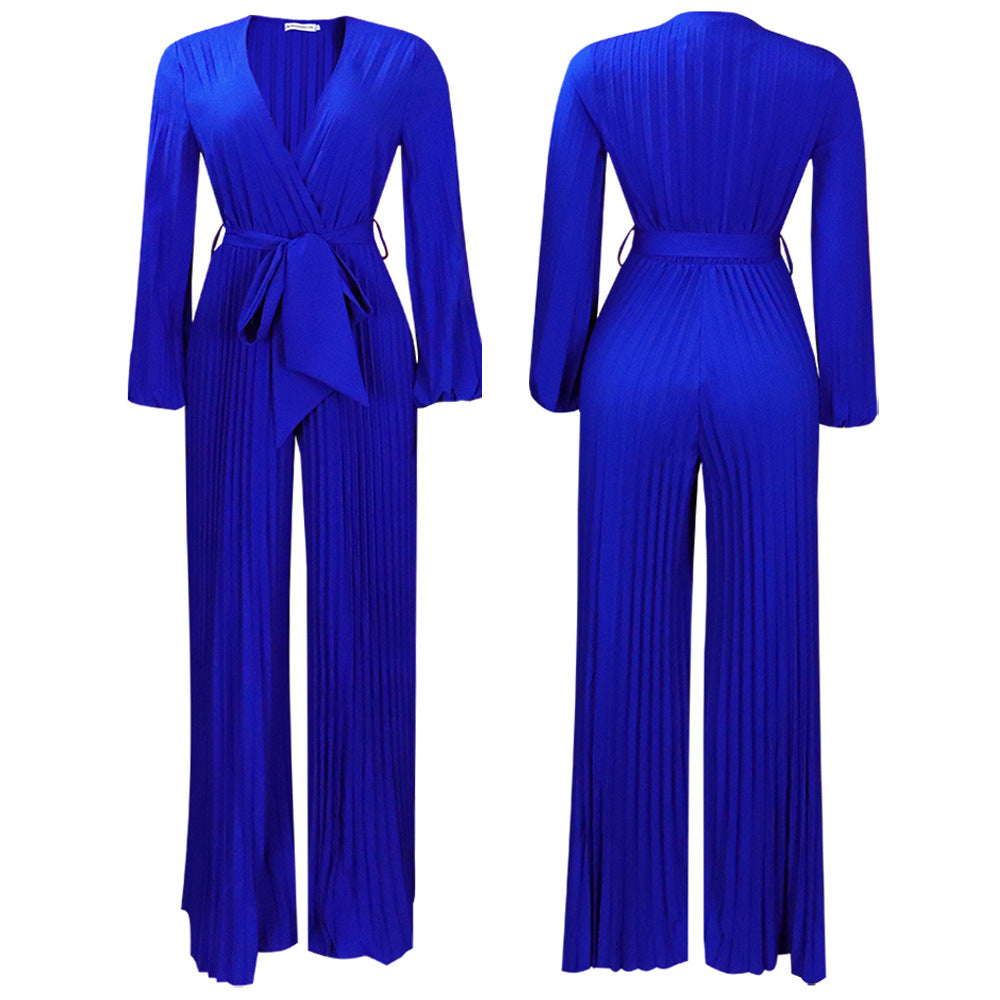 V-neck Lace Up Pleated Wide-leg Plus Size Jumpsuit See size chart under “more details”