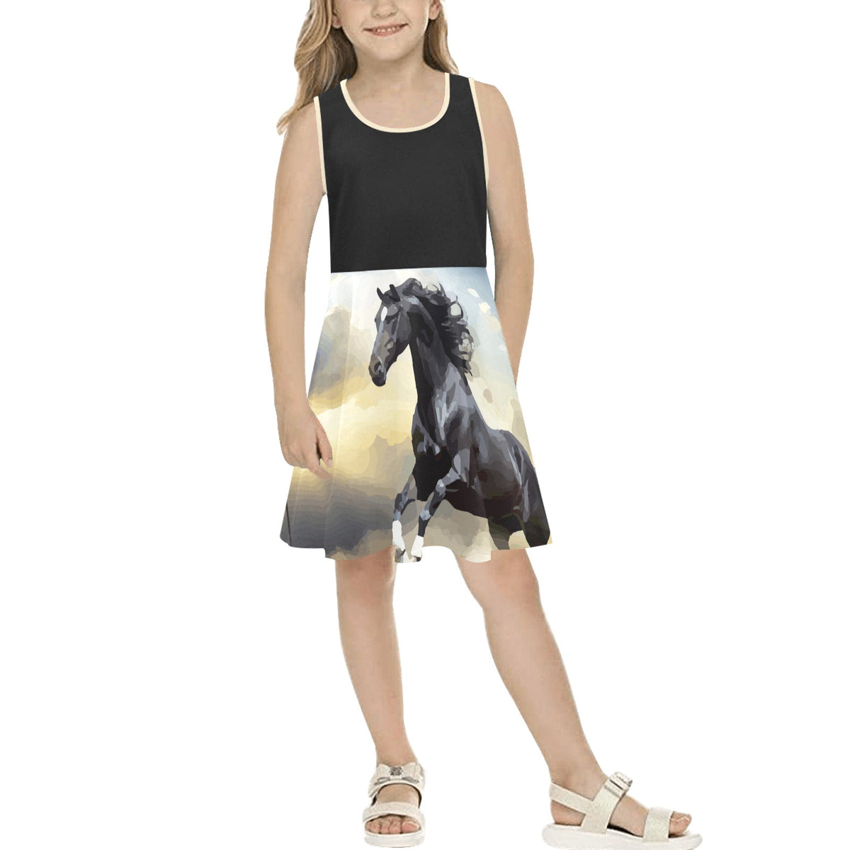 Black Beauty Wild Horse Girl's Sleeveless Short Sundress