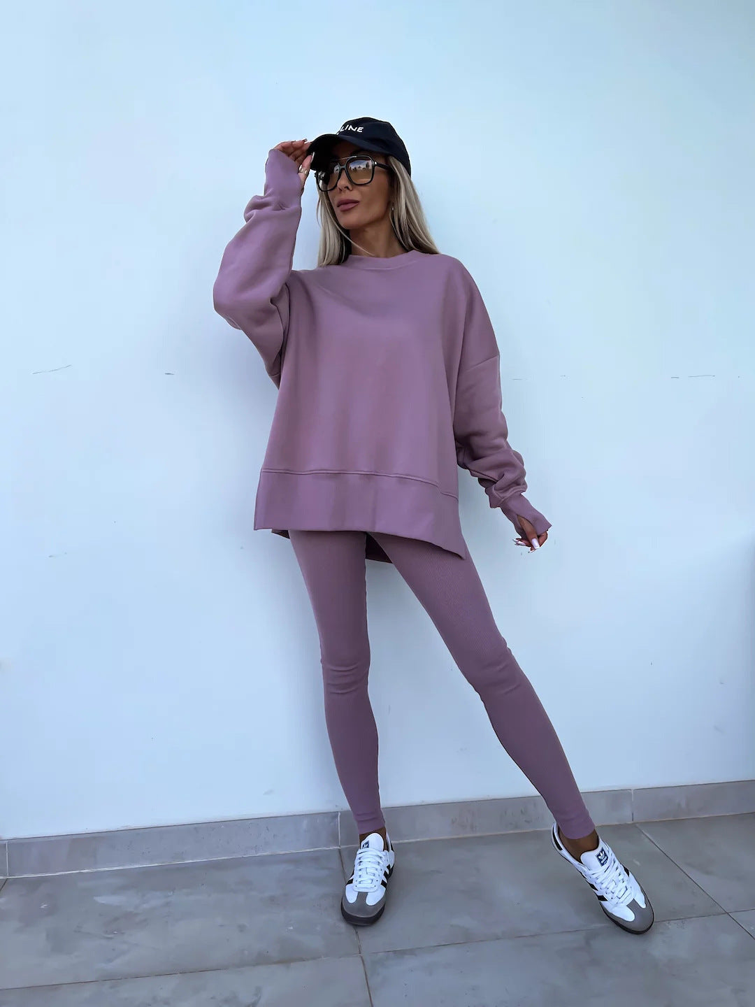 Traje de suéter informal para mujer – Conjunto de top suelto con aberturas y pantalones ajustados