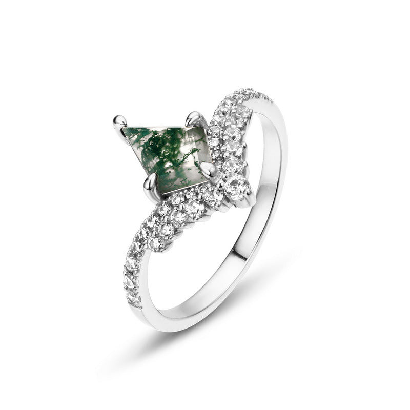 S925 Silver Green Moss Agate Ring