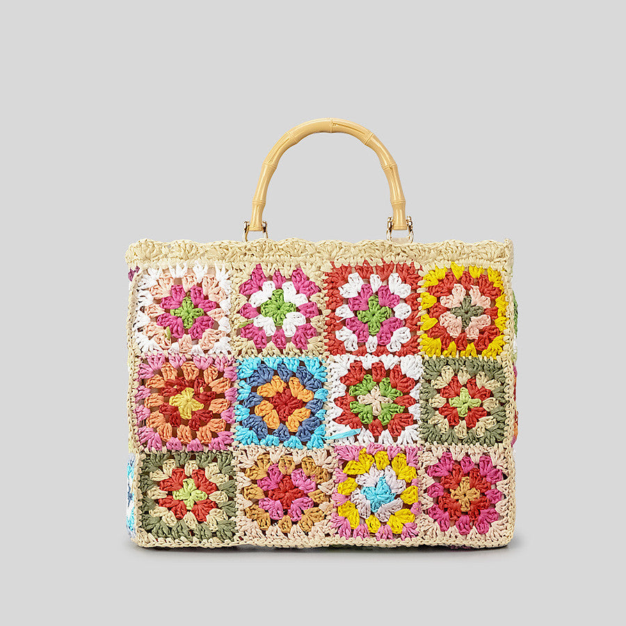 Women's Grandmother Contrasting Color Woven Tote Bag Travel Tote Bag