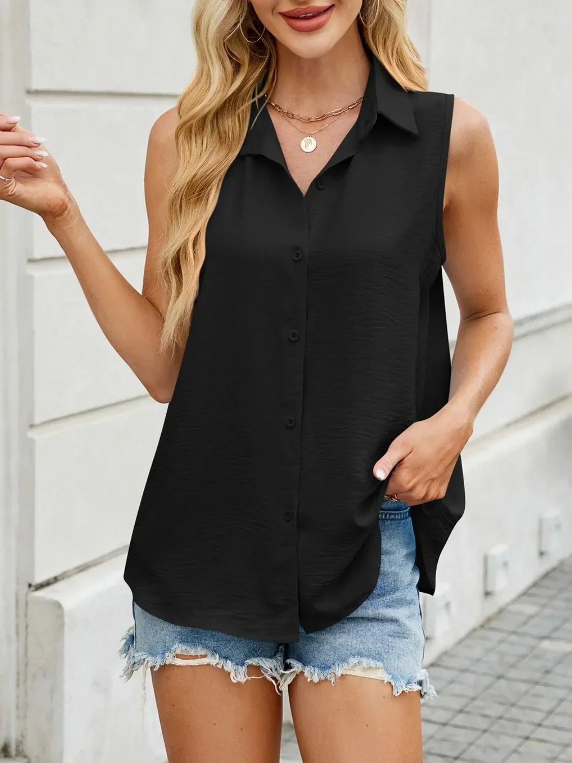 Button Down Collared Neck Tank