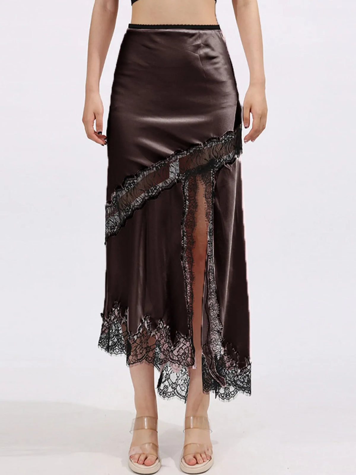 Lace Trim Asymmetrical Midi Skirt