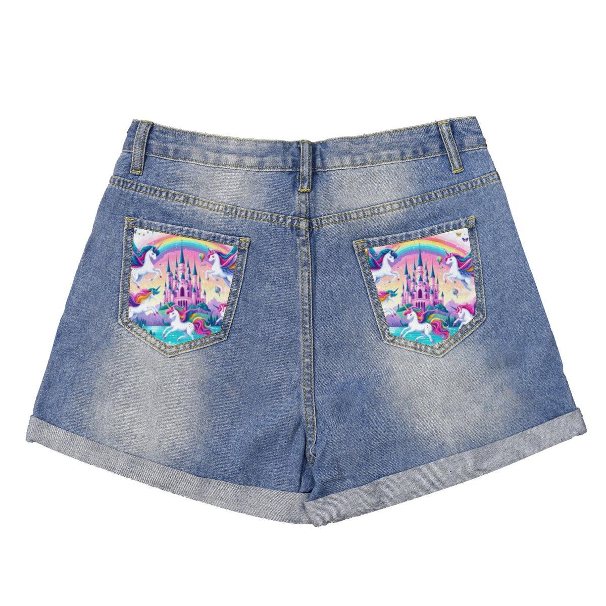 Cute Flying Unicorns Light Blue Denim Shorts with Dual Pockets Design