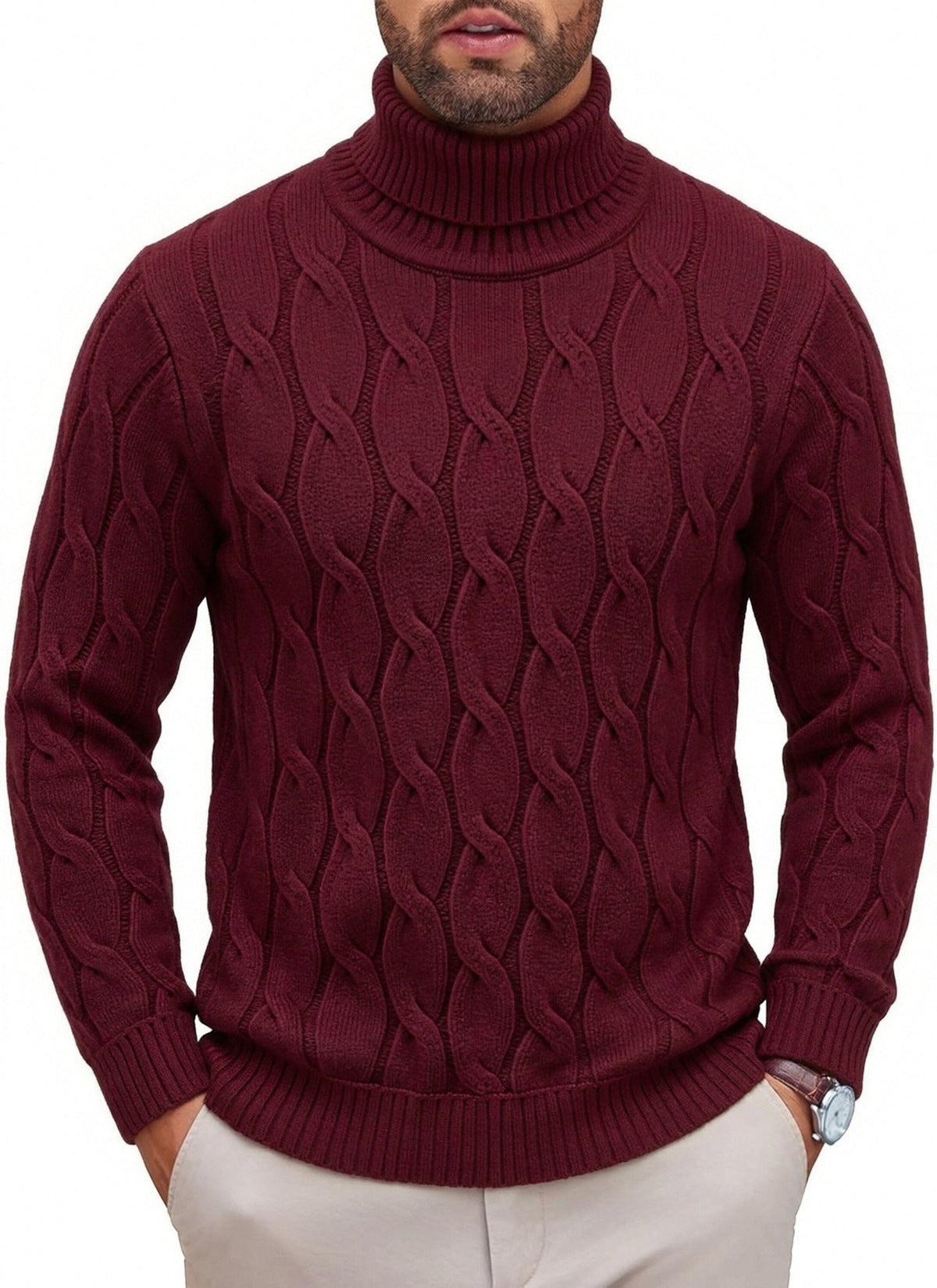 Men's Fashionable Turtleneck Sweater With Knotted Floral Design Loose Fit