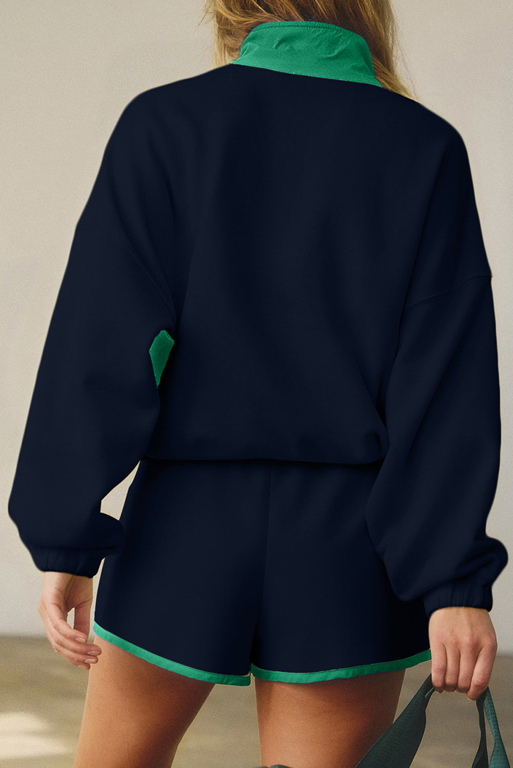 Conjunto de Sudadera de Medio Botón y Pantalones Cortos con Bloques de Color y Retazos Red Dahlia