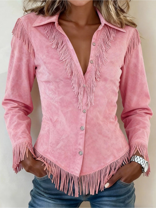 Women's Western Style Suede Fringed Slim Fit Long Sleeve Shirt