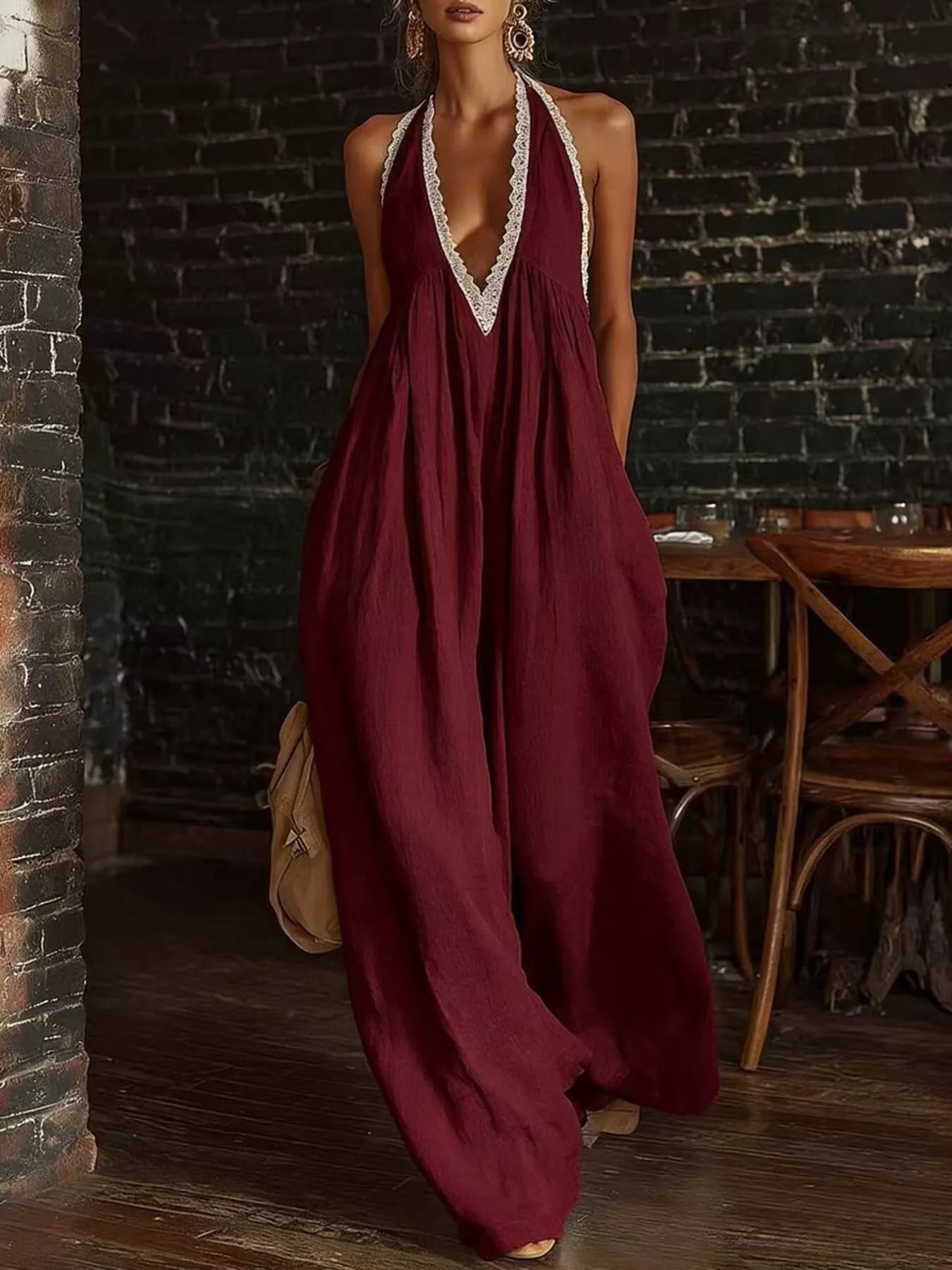 Full Size Lace Trim Wide-Leg Jumpsuit Plus Size