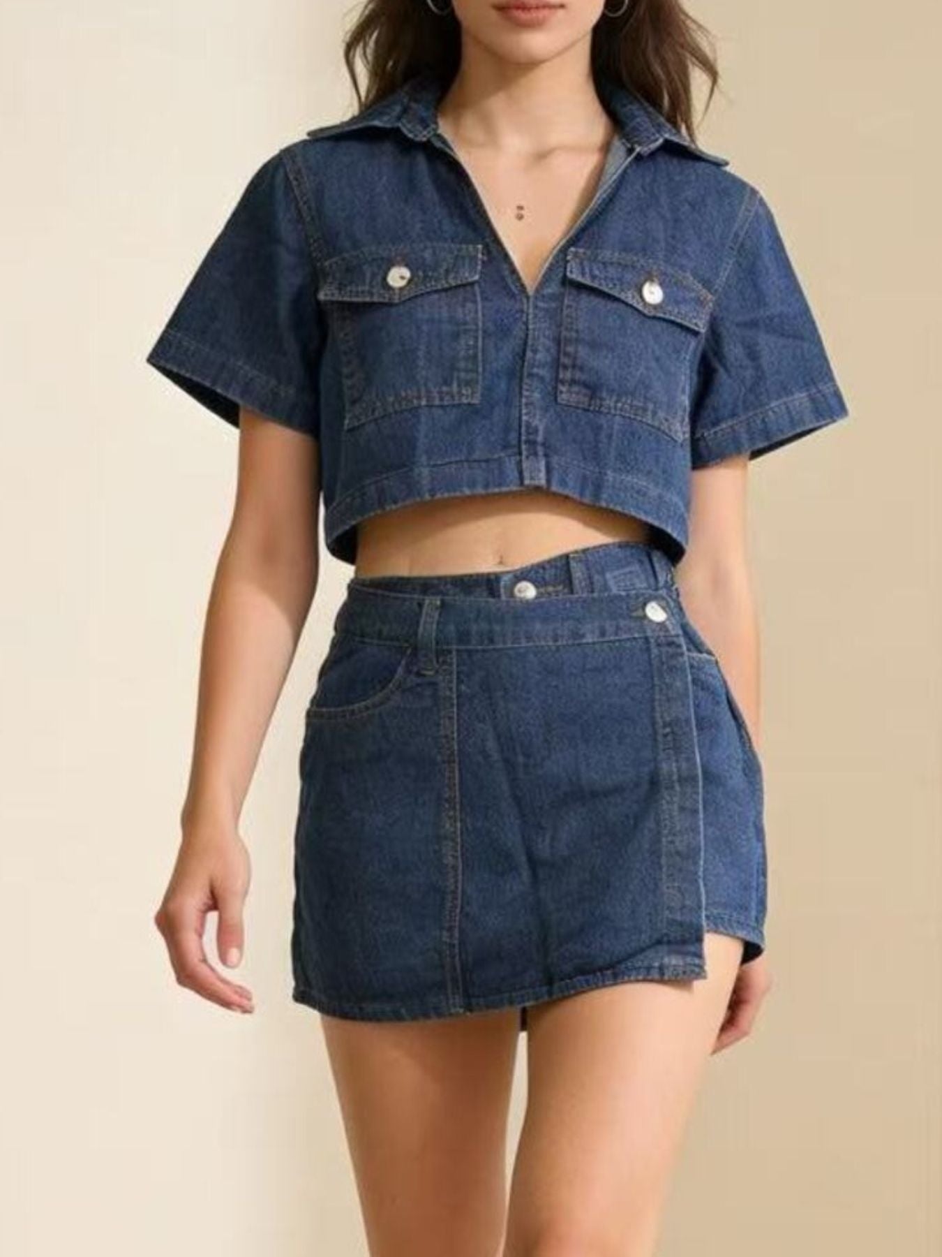 Short Sleeve Cropped Top and Skort Denim Set