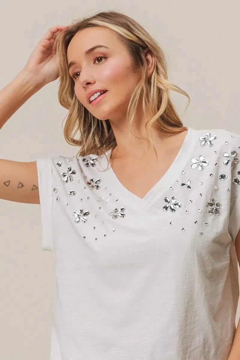 Women's Tops Women's Top - Slub Rhinestone V-Neck - Comfy Fit