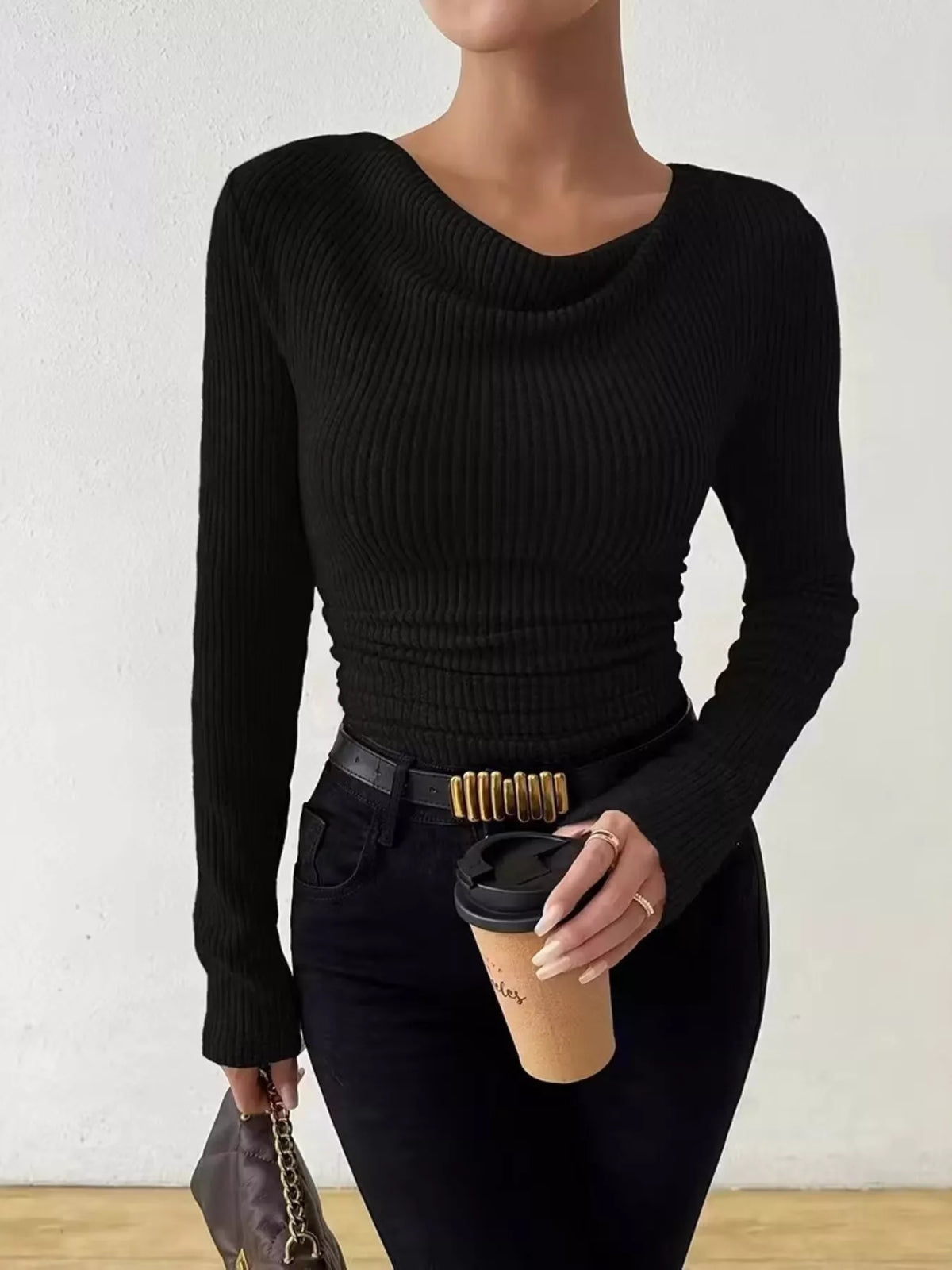 Cowl Neck Ribbed Long Sleeve Sweater