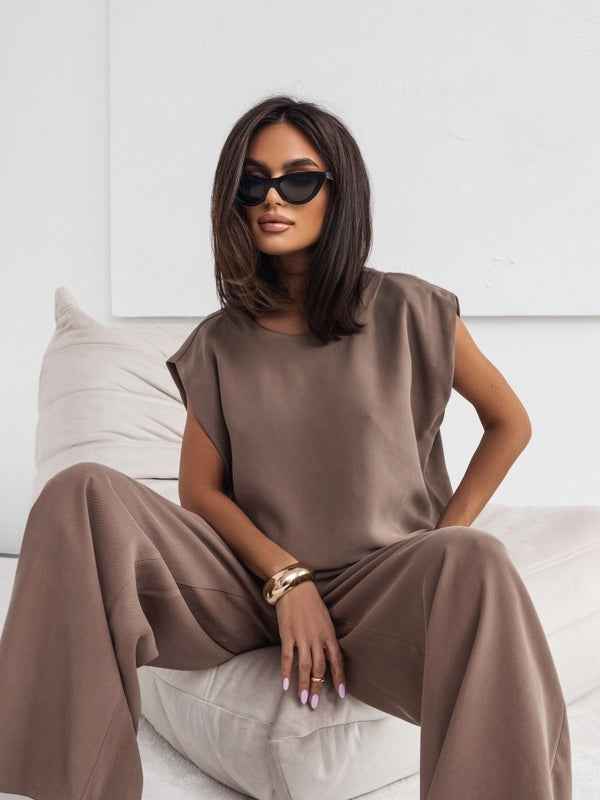 Women's 2 Piece Casual Set Short Sleeve T-Shirt Vest Loose Wide Leg Pants Seasonal Comfort