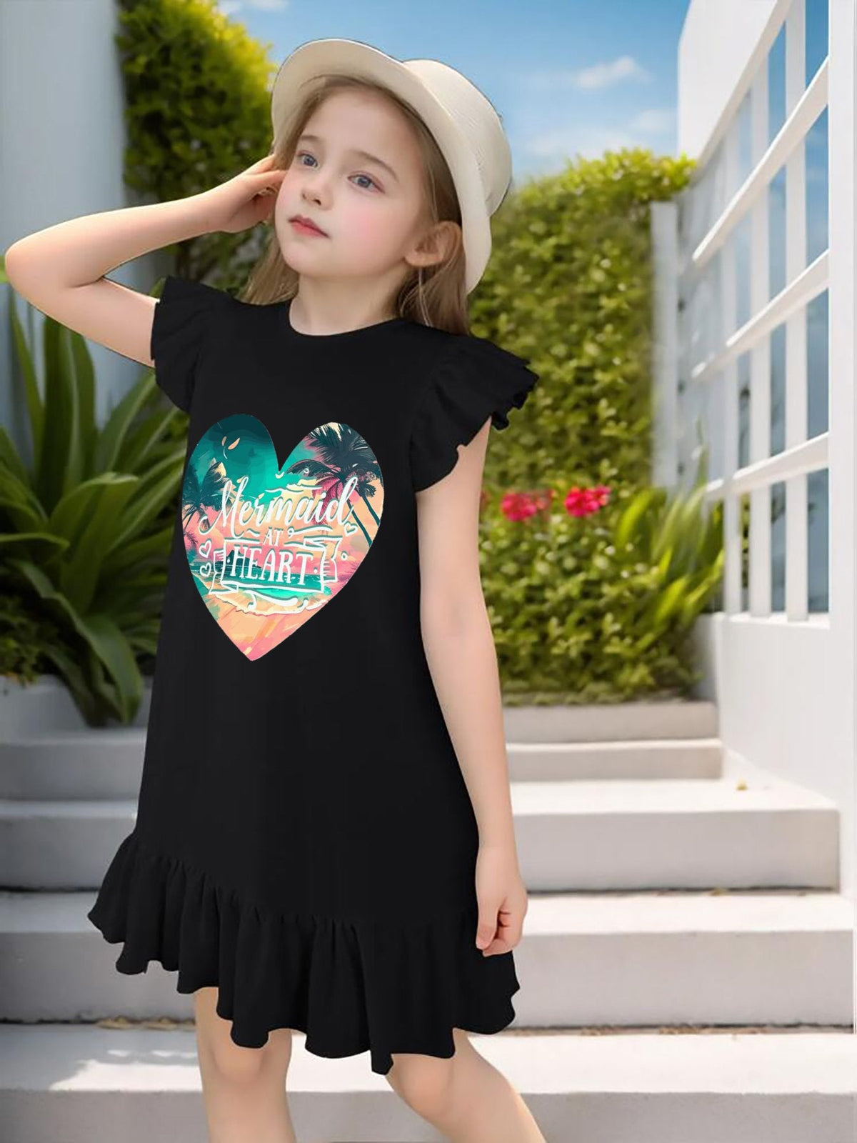 Mermaid at Heart Flutter Sleeve Short Black Dress for Girls (Front Printing)