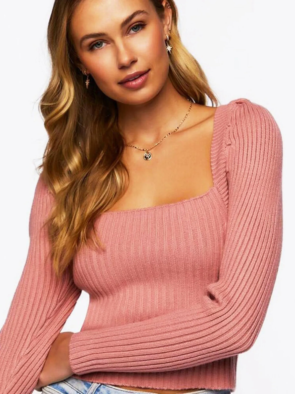Ribbed Square Neck Long Sleeve Sweater