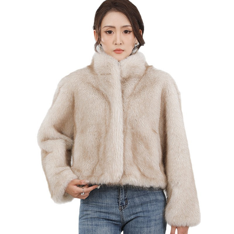 Stand-collar Cardigan Plush Fur Coat For Women