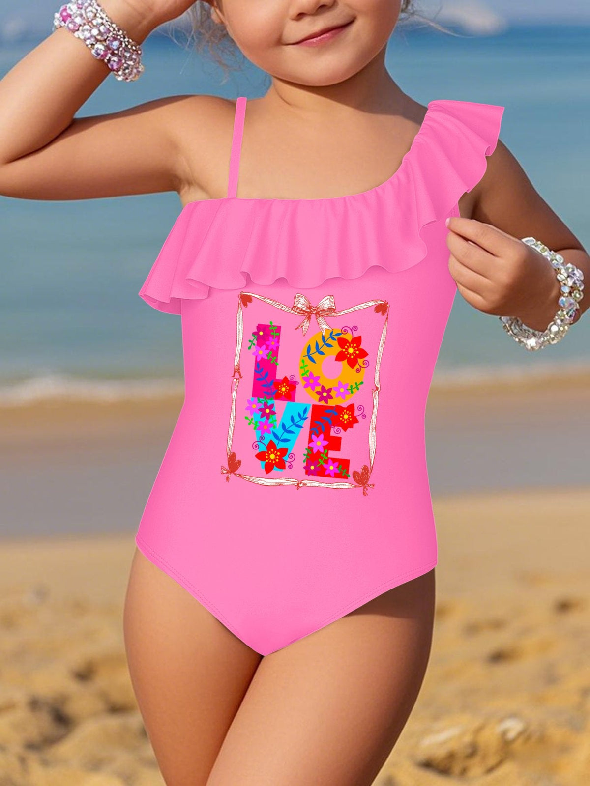Girl's Floral LOVE Ruffled One-Piece Swimsuit (Front Printing)