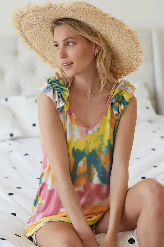 Knit Tank Top Knit Tank - Tie Dye Ruffle - V-Neck