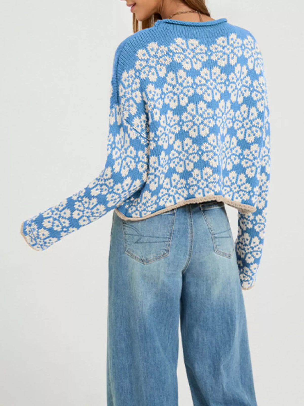 Floral Contrast Trim Dropped Shoulder Sweater