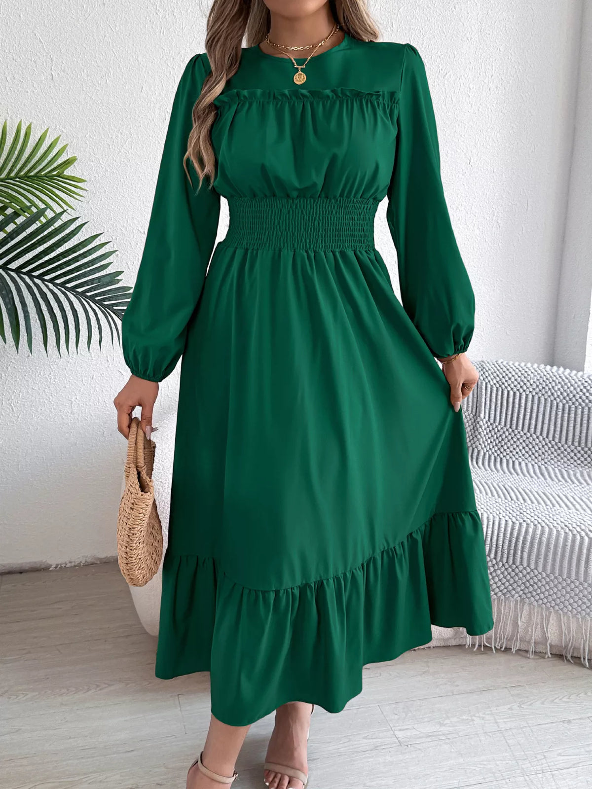Round Neck Balloon Sleeve Tiered Dress