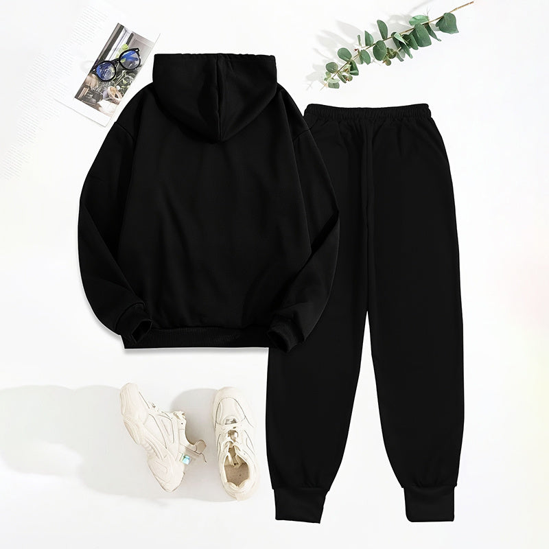Conjunto Sólido de 2 Piezas para Mujer, Sudadera con Capucha y Bolsillo con Estampado de Letras