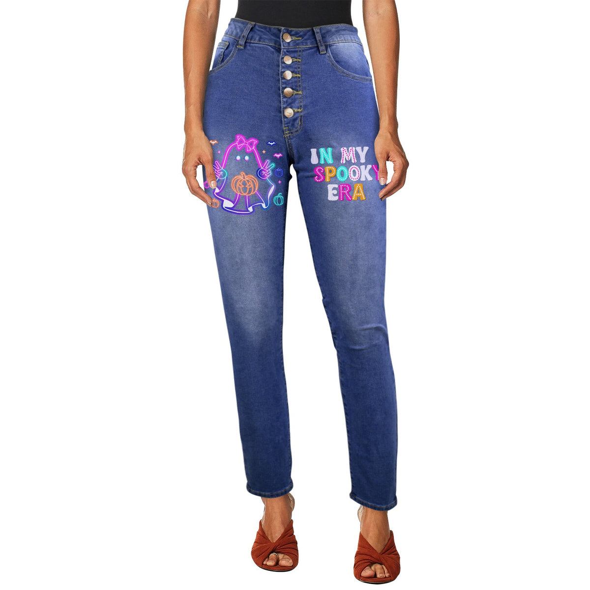 Women's Retro Halloween Neon Decorated Jeans with Front Printing