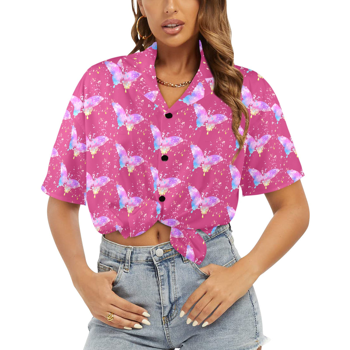 Watercolor Butterfly Women's All Over Print Hawaiian Shirt (Made in USA)