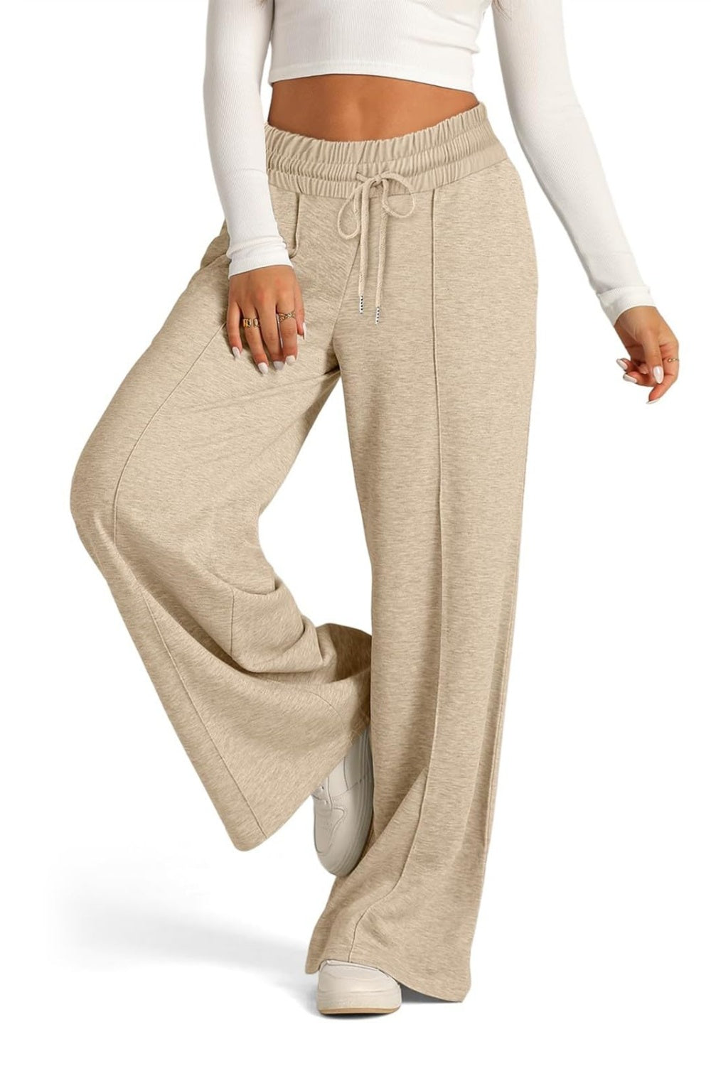 Pantalones de pernera ancha con cintura elástica y cordón ajustable