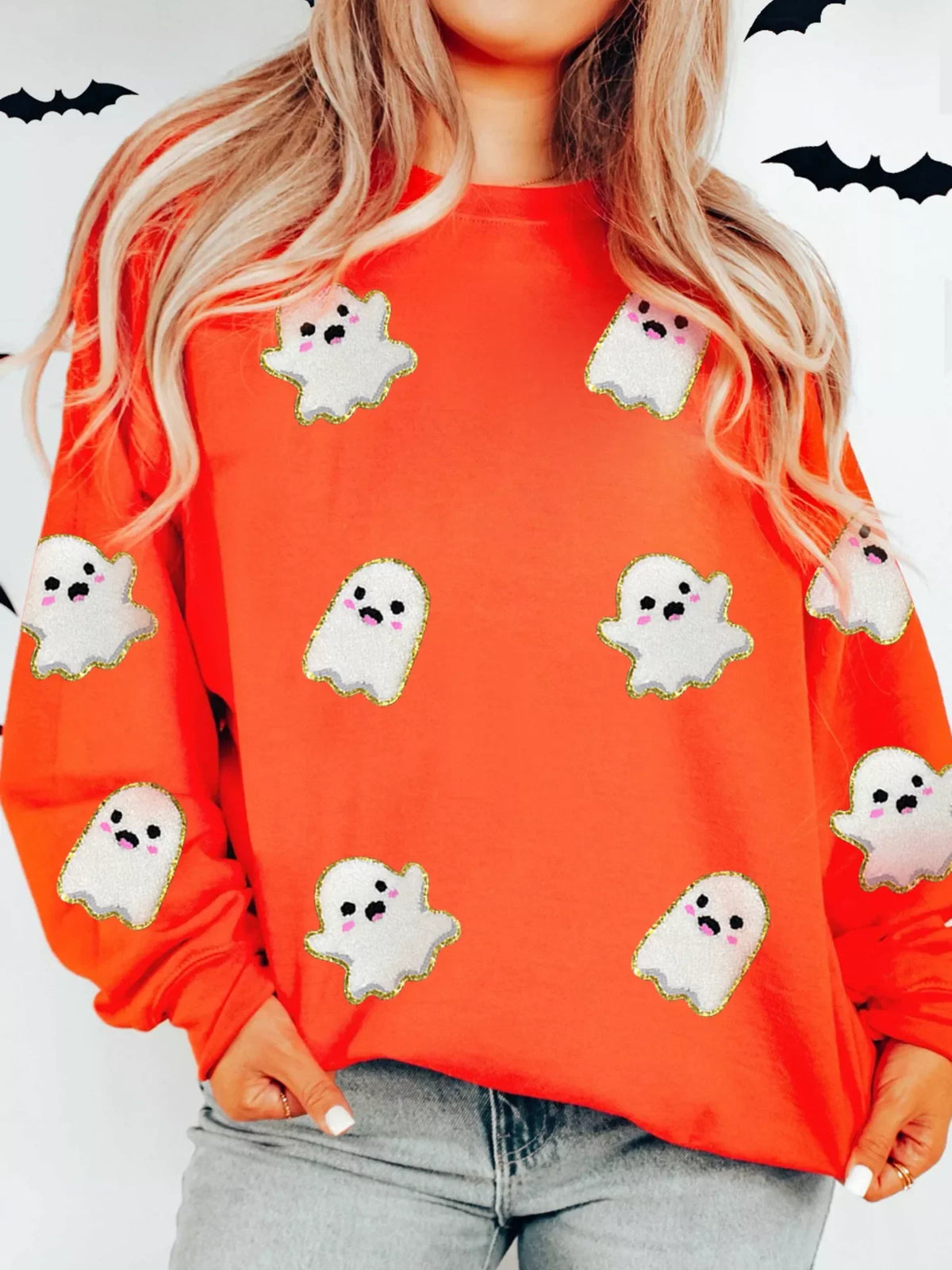 Halloween Ghost Patched Pattern Holiday Sweatshirt