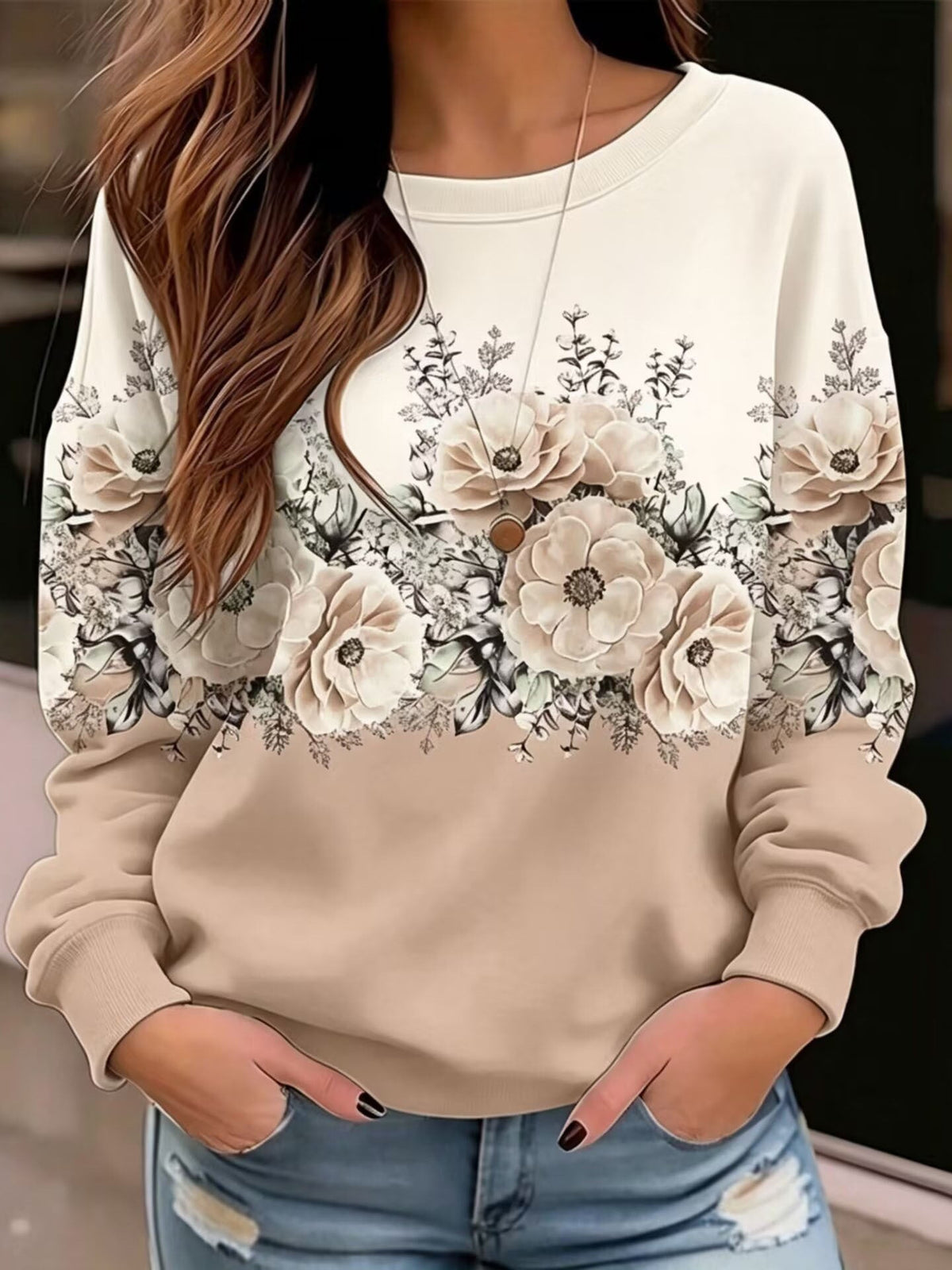 Women's Round-neck Floral Print Sweatshirt, Loose Fit, Dropped Shoulders, Long Sleeves, Casual Pullover Top, Patchwork Design With Contrasting Colors