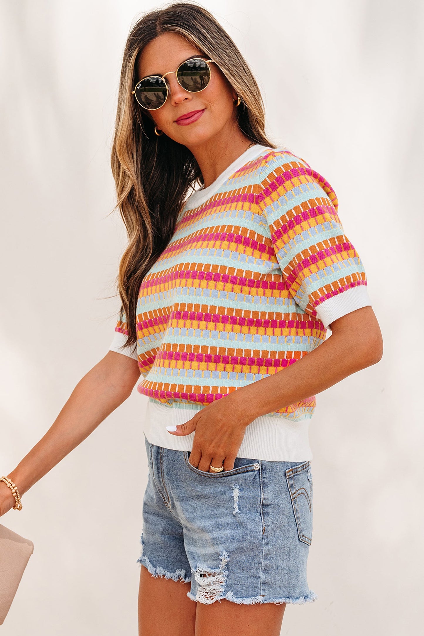 Purple Abstract Striped Knit Short Sleeve Sweater