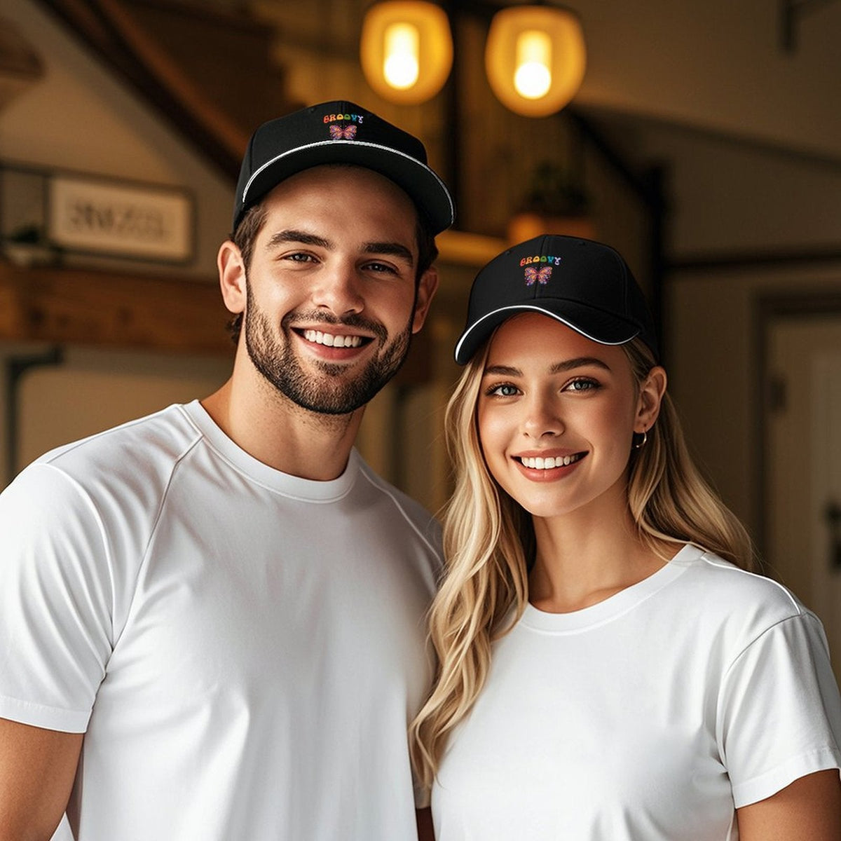 Groovy Butterfly Black Sandwich Visor Baseball Cap (Made in USA)