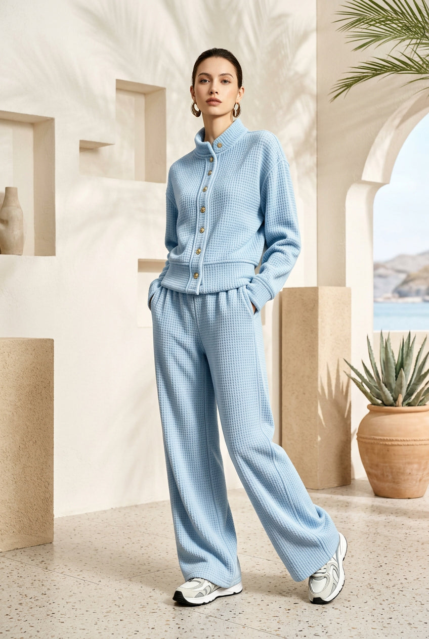 Women's Waffle Stand-Collar Cardigan & Wide-Leg Pants Set
