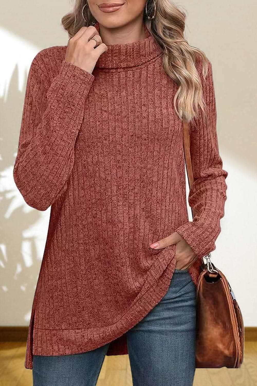 Sweater Pullovers Trendsi Chic high-low turtleneck top