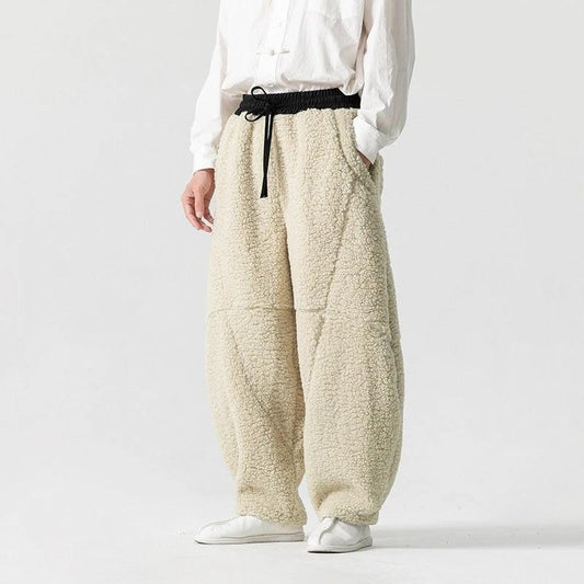Pantalones de chándal de vellón de lana de cordero de color liso para hombre