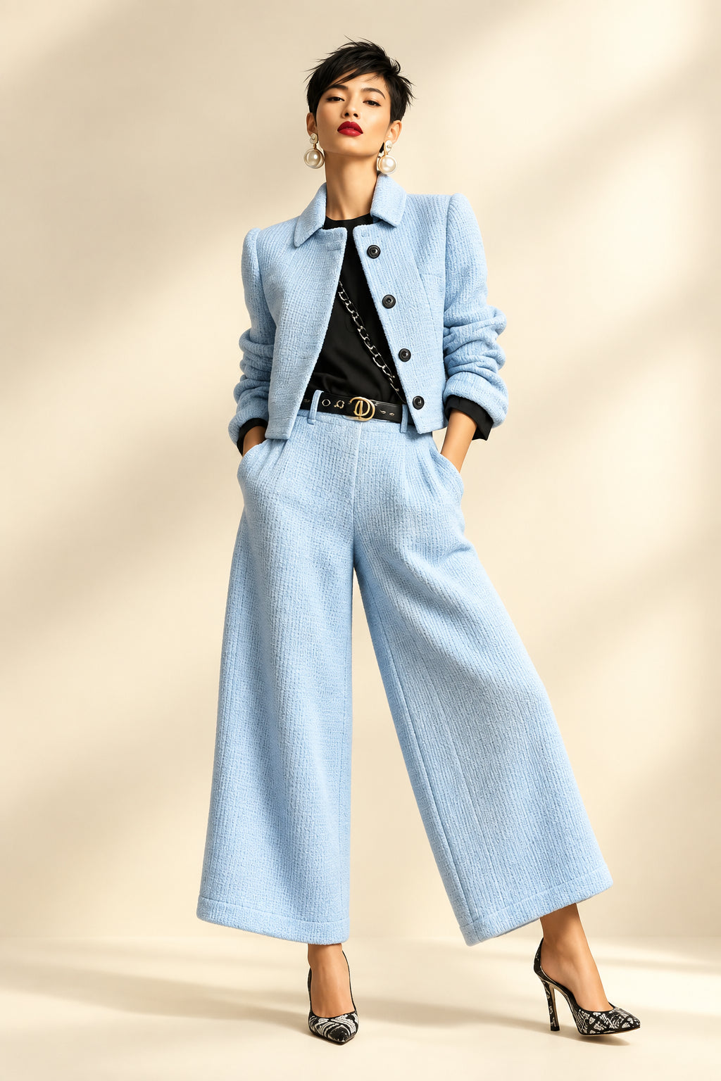 Women's Textured Cropped Jacket & Wide-Leg Pants Set
