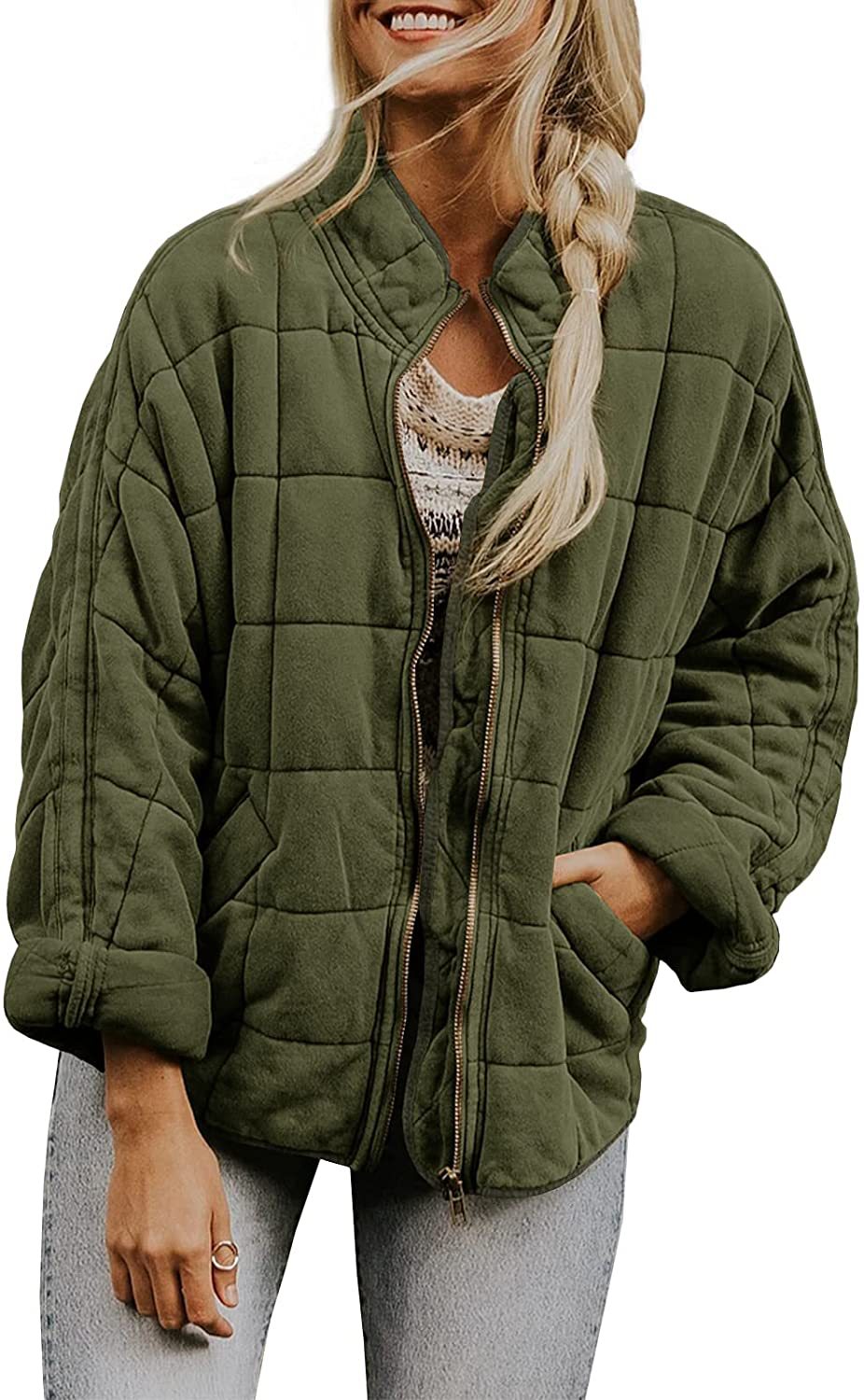 Winter Zip-up Stand Collar Coat With Pockets Fashion Solid Color Plaid Long Sleeved Jacket Women's Clothing