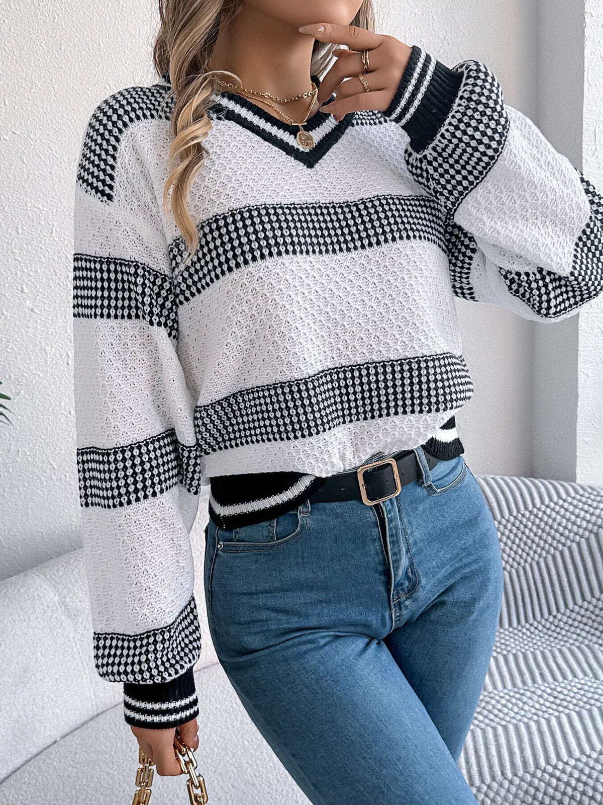 Contrast Striped V-Neck Sweater