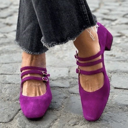 Women's Leather Square-Toe Chunky Heels