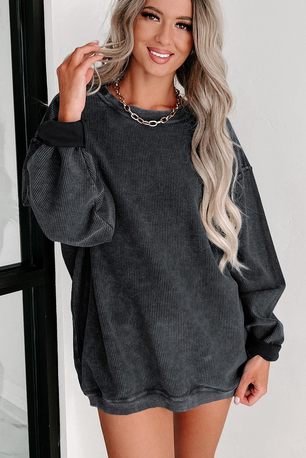 Sudadera Rosa Sólida de Punto Acanalado y Cuello Redondo